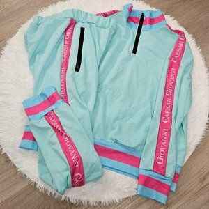 Trendy Women's Jogger Set, Medium, 1/4 Zip, Blue and Pink, Track Suit